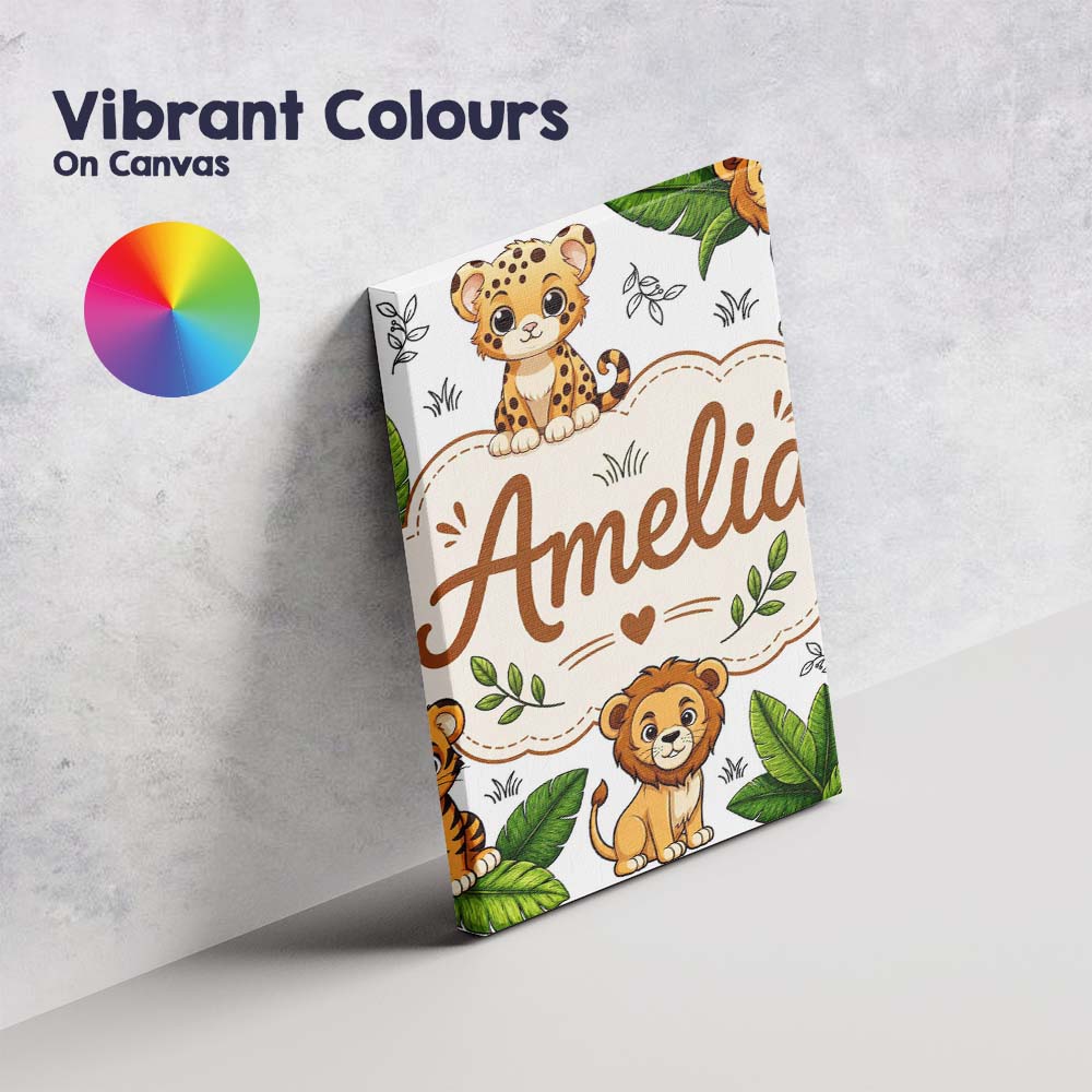 Personalised Name Cute Jungle Animals Lion Custom  Unique Gift Idea Elegant Feature Canvas Wall Art Print Decor Picture Ready to Hang