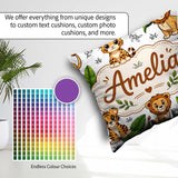 Custom Name Jungle Animals Lion Tiger Tropical Leaves Light Grey Square Filled Cushion Throw Pillow Sofa Bed Home Decor Zip Washable UK Made