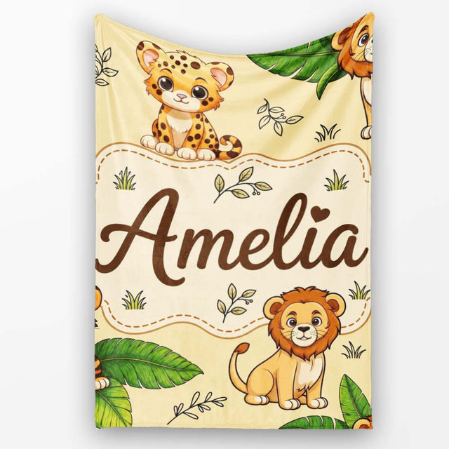 Cute Jungle Animals Lion Tiger Leopard Tropical Leaves Beige Lovely  Personalised Custom Name Super Soft Fleece Blanket Bed Sofa Throw