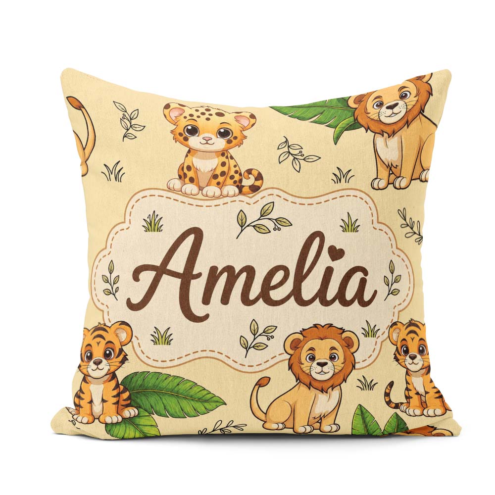 Custom Name Cute Jungle Animals Lion Tiger Tropical Leaves Beige Square Filled Cushion Throw Pillow Sofa Bed Home Decor Zip Washable UK Made