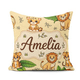 Custom Name Cute Jungle Animals Lion Tiger Tropical Leaves Beige Square Filled Cushion Throw Pillow Sofa Bed Home Decor Zip Washable UK Made