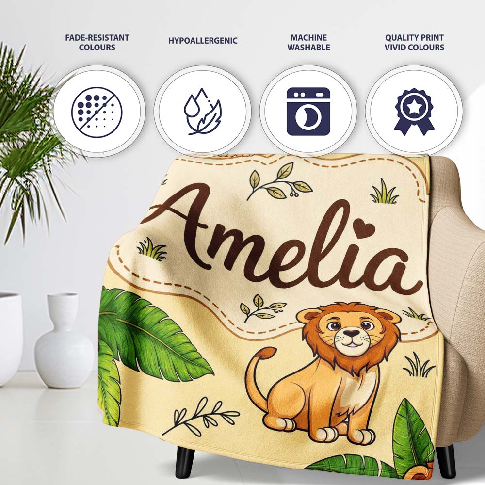 Cute Jungle Animals Lion Tiger Leopard Tropical Leaves Beige Lovely  Personalised Custom Name Super Soft Fleece Blanket Bed Sofa Throw