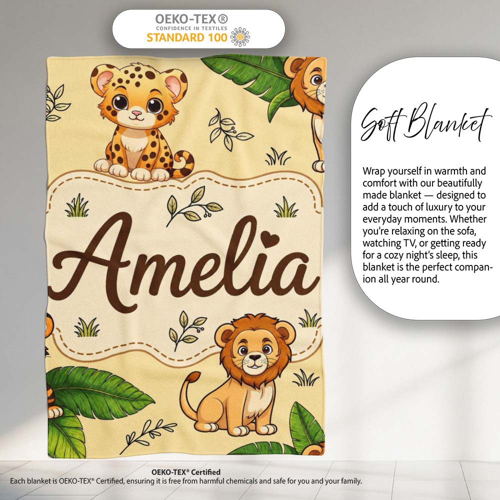 Cute Jungle Animals Lion Tiger Leopard Tropical Leaves Beige Lovely  Personalised Custom Name Super Soft Fleece Blanket Bed Sofa Throw