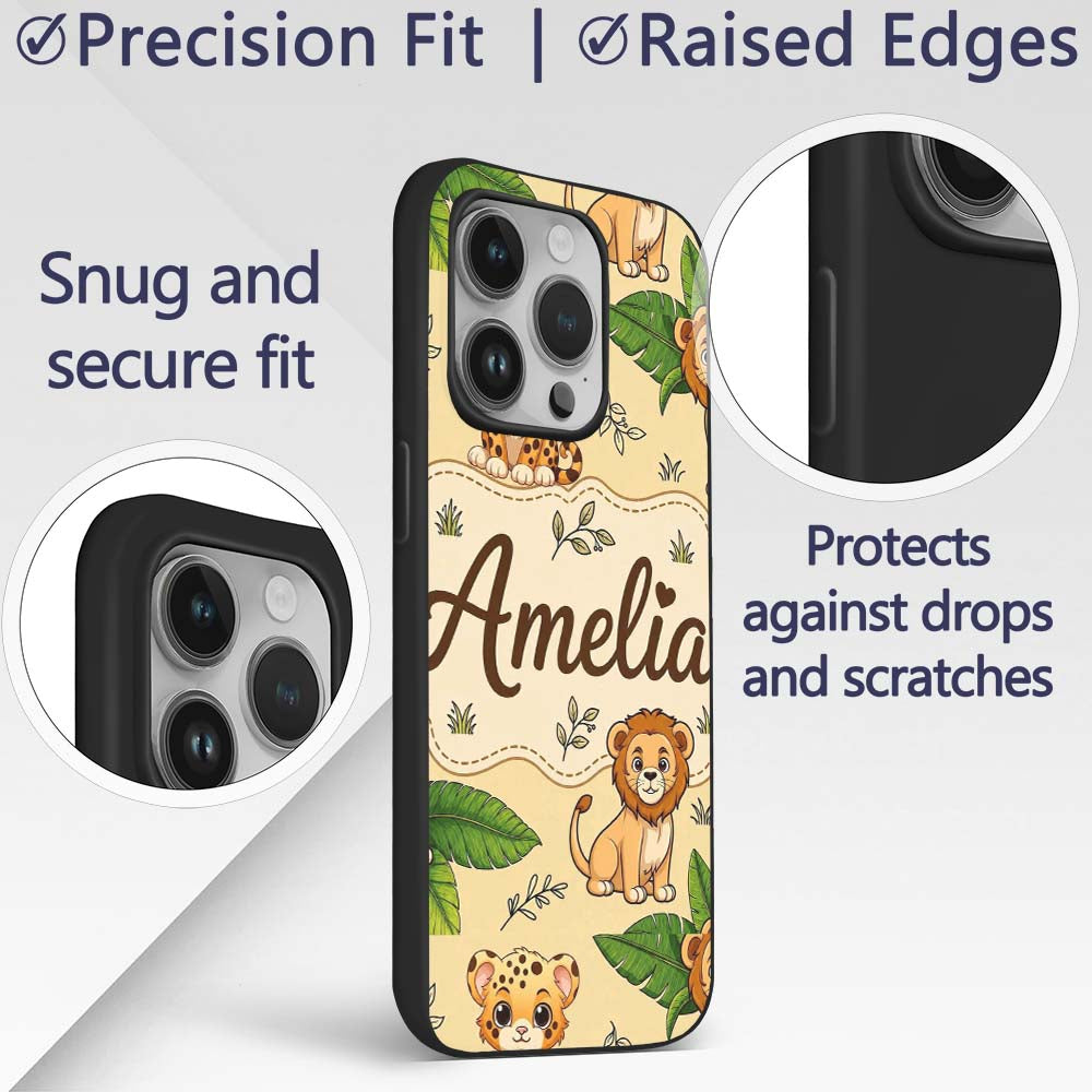 Cute Jungle Animals Lion Tiger Leopard Tropical Custom Name Protective Phone Case Mobile Cover Durable Everyday Smartphone Shock Resistant