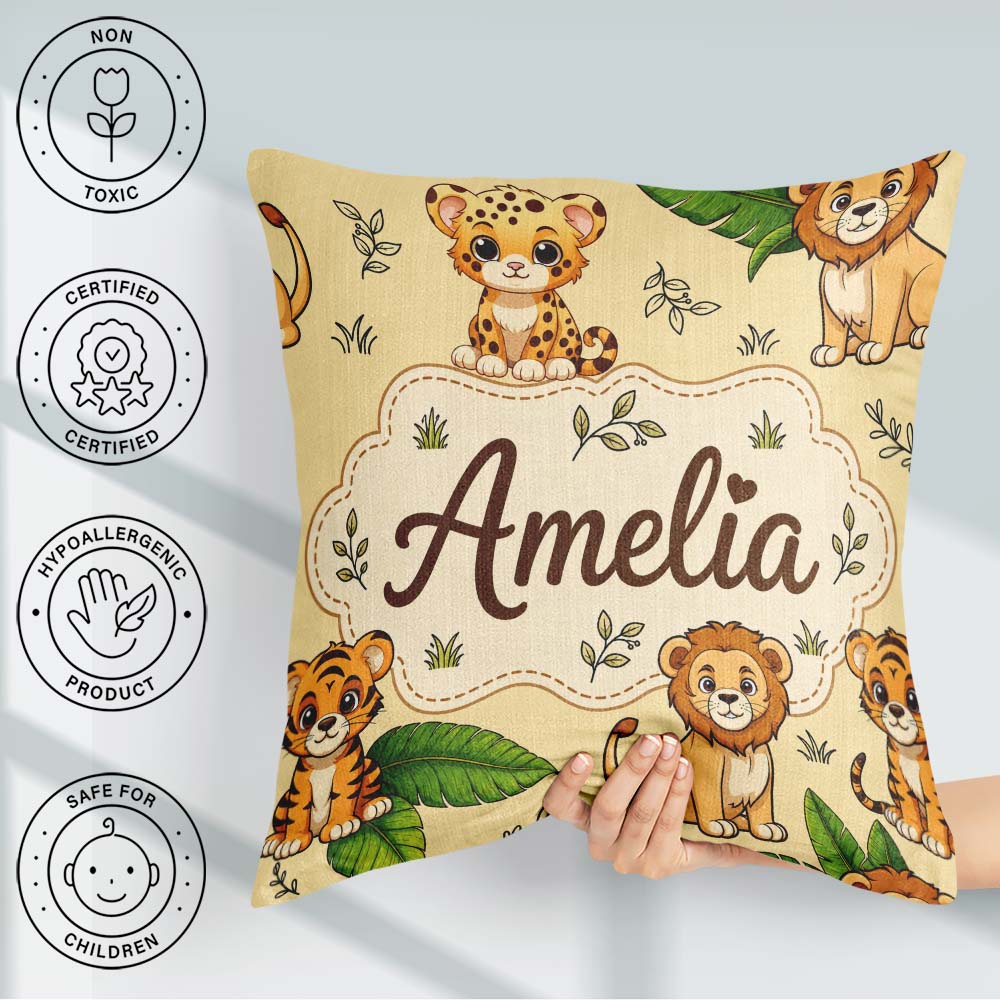 Custom Name Cute Jungle Animals Lion Tiger Tropical Leaves Beige Square Filled Cushion Throw Pillow Sofa Bed Home Decor Zip Washable UK Made