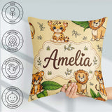 Custom Name Cute Jungle Animals Lion Tiger Tropical Leaves Beige Square Filled Cushion Throw Pillow Sofa Bed Home Decor Zip Washable UK Made