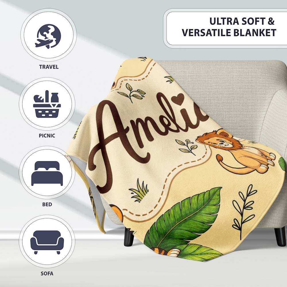Cute Jungle Animals Lion Tiger Leopard Tropical Leaves Beige Lovely  Personalised Custom Name Super Soft Fleece Blanket Bed Sofa Throw
