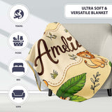 Cute Jungle Animals Lion Tiger Leopard Tropical Leaves Beige Lovely  Personalised Custom Name Super Soft Fleece Blanket Bed Sofa Throw