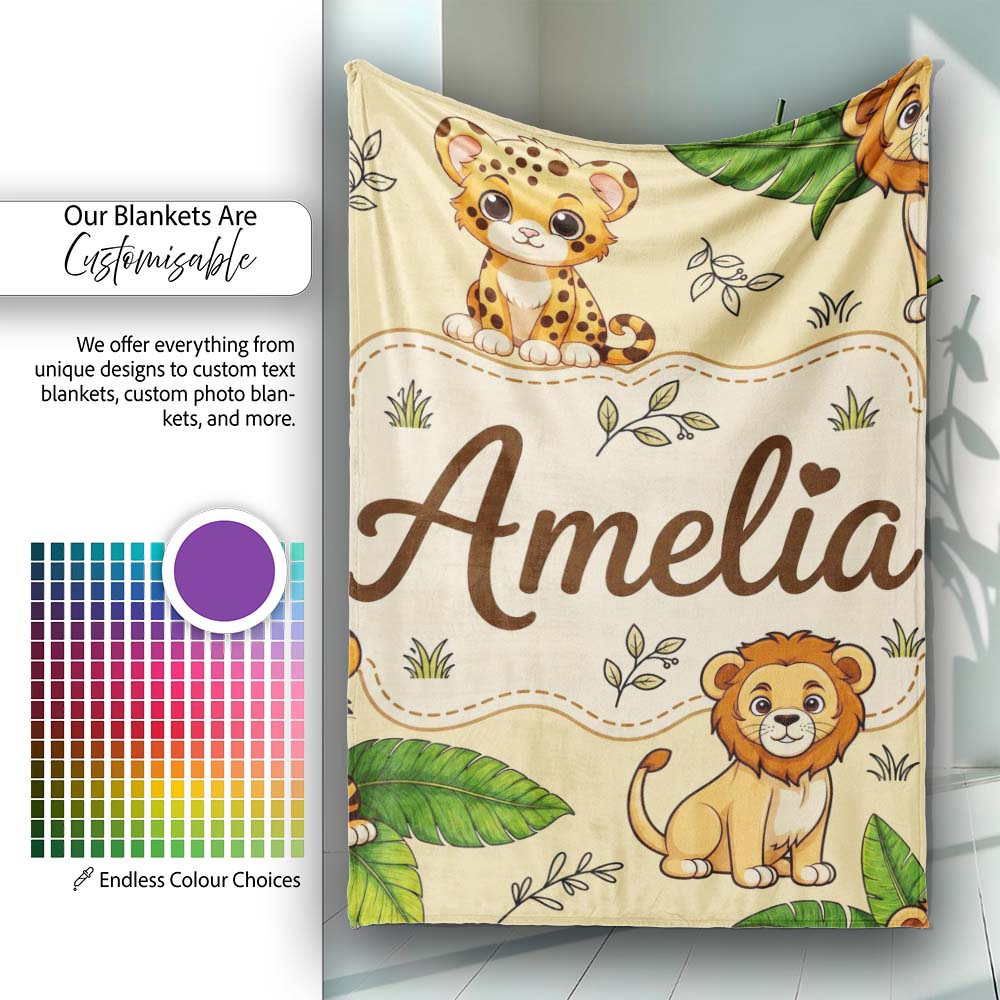 Cute Jungle Animals Lion Tiger Leopard Tropical Leaves Beige Lovely  Personalised Custom Name Super Soft Fleece Blanket Bed Sofa Throw