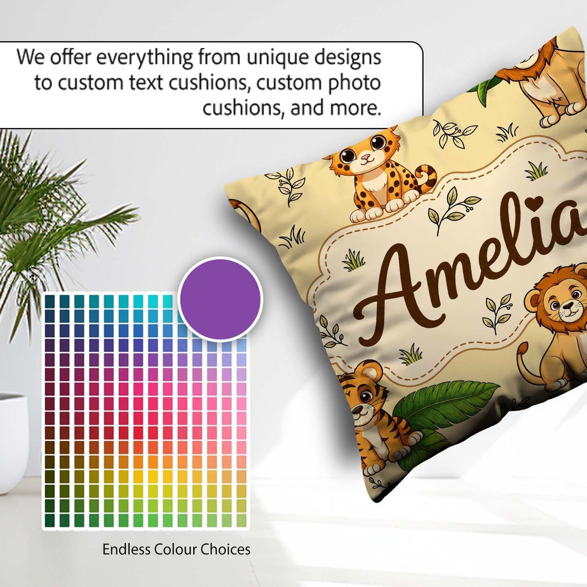 Custom Name Cute Jungle Animals Lion Tiger Tropical Leaves Beige Square Filled Cushion Throw Pillow Sofa Bed Home Decor Zip Washable UK Made