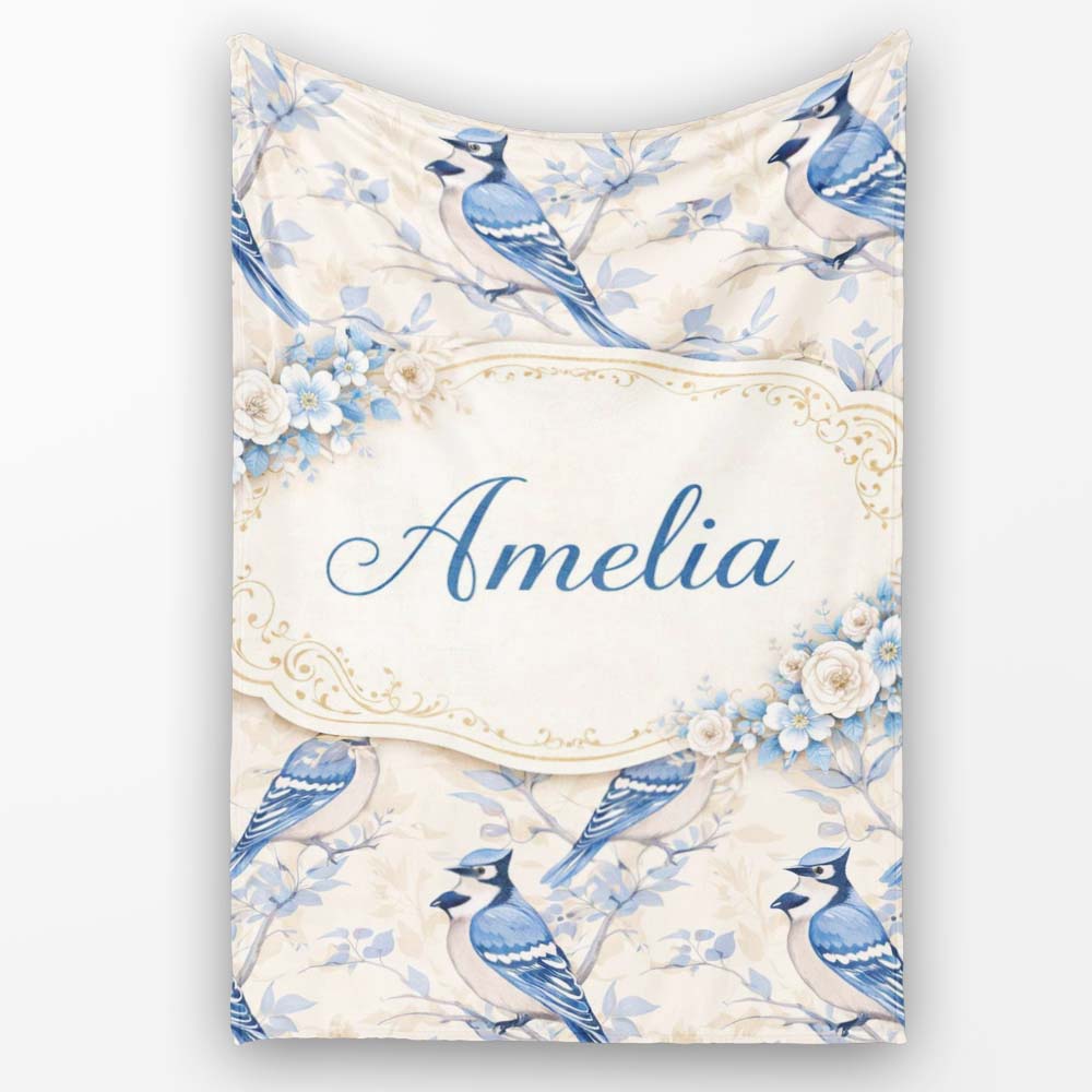 Vintage Blue Jay Bird Floral Toile Classic Botanical Nature Design  Personalised Custom Name Super Soft Fleece Blanket Bed Sofa Throw
