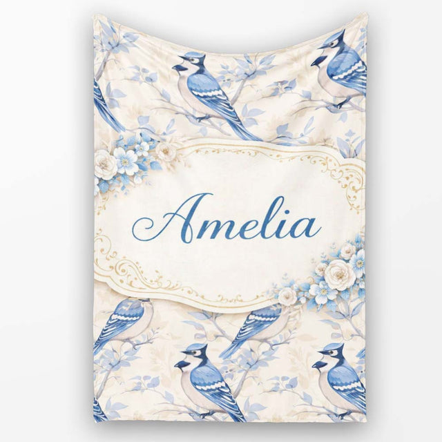 Vintage Blue Jay Bird Floral Toile Classic Botanical Nature Design  Personalised Custom Name Super Soft Fleece Blanket Bed Sofa Throw