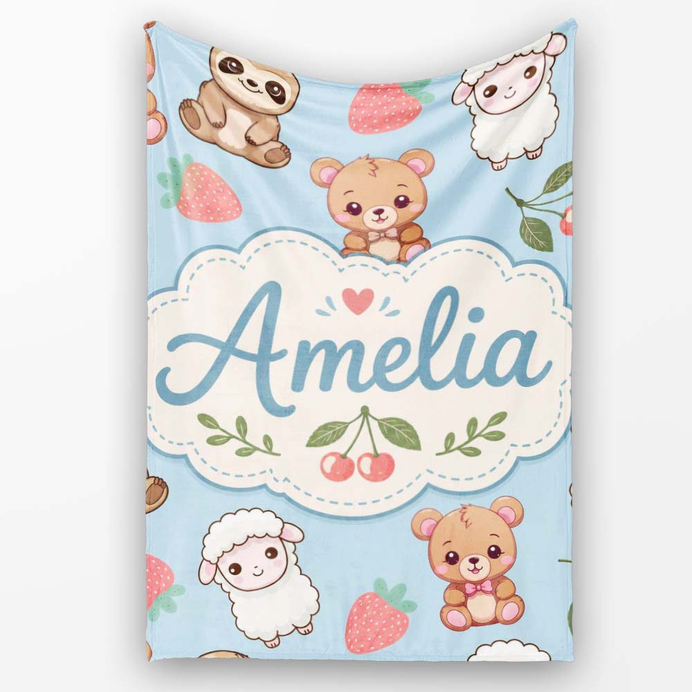 Cute Cute Baby Animals Bear Sheep Sloth Strawberry Cherry Blue  Personalised Custom Name Super Soft Fleece Blanket Bed Sofa Throw