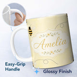 Personalized Custom Name Cute Bumble Bee Flying Trail Minimal Seamless Pattern Lovely 11oz Ceramic Coffee Tea Mug White Large Handle