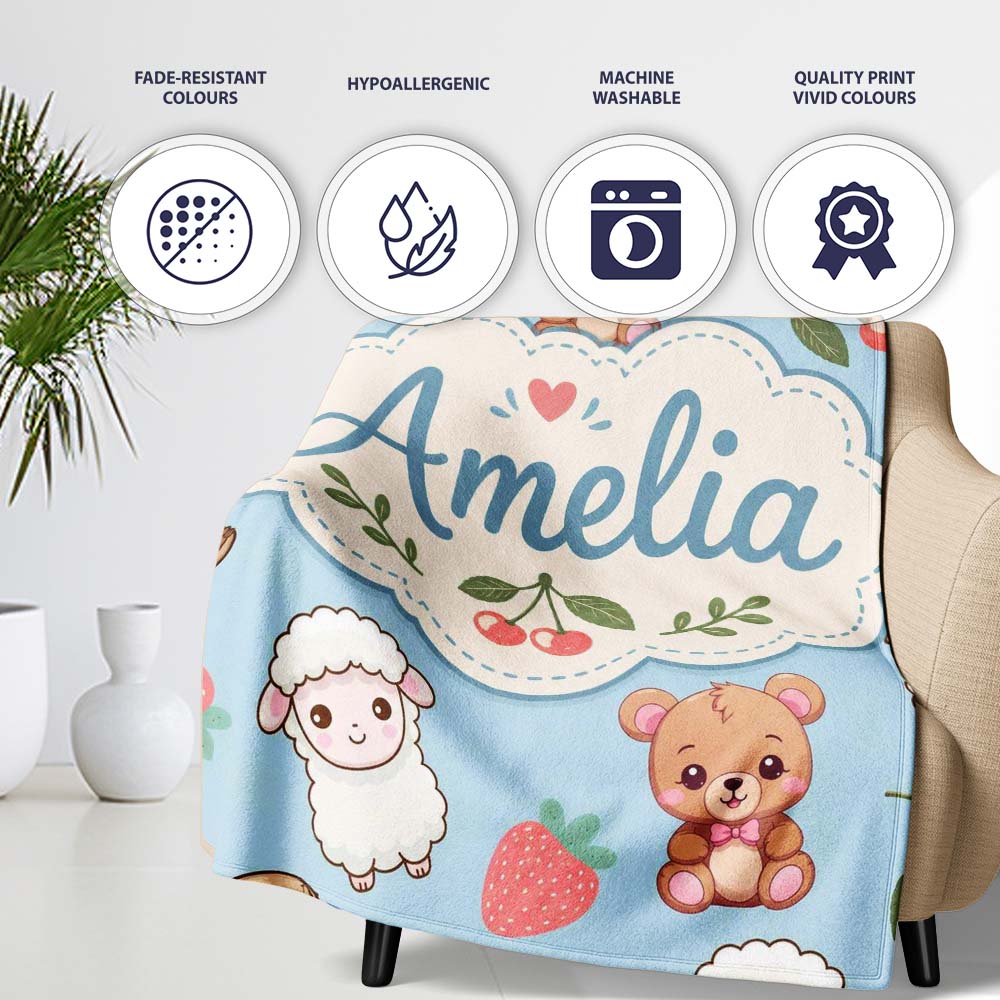 Cute Cute Baby Animals Bear Sheep Sloth Strawberry Cherry Blue  Personalised Custom Name Super Soft Fleece Blanket Bed Sofa Throw