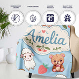 Cute Cute Baby Animals Bear Sheep Sloth Strawberry Cherry Blue  Personalised Custom Name Super Soft Fleece Blanket Bed Sofa Throw