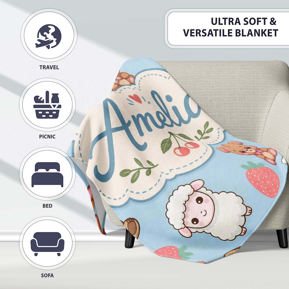 Cute Cute Baby Animals Bear Sheep Sloth Strawberry Cherry Blue  Personalised Custom Name Super Soft Fleece Blanket Bed Sofa Throw