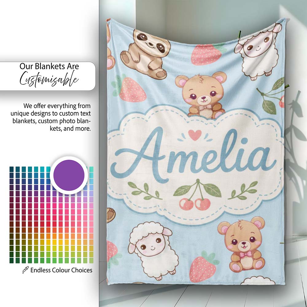 Cute Cute Baby Animals Bear Sheep Sloth Strawberry Cherry Blue  Personalised Custom Name Super Soft Fleece Blanket Bed Sofa Throw