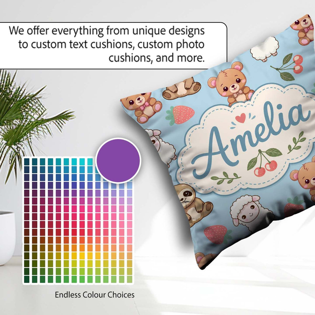 Custom Name Baby Animals Bear Sheep Sloth Strawberry Cherry Blue Square Filled Cushion Throw Pillow Sofa Bed Home Decor Zip Washable UK Made