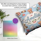 Custom Name Baby Animals Bear Sheep Sloth Strawberry Cherry Blue Square Filled Cushion Throw Pillow Sofa Bed Home Decor Zip Washable UK Made