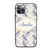 Vintage Blue Jay Bird Floral Toile Printed Design Custom Name Protective Phone Case Mobile Cover Durable Everyday Smartphone Shock Resistant