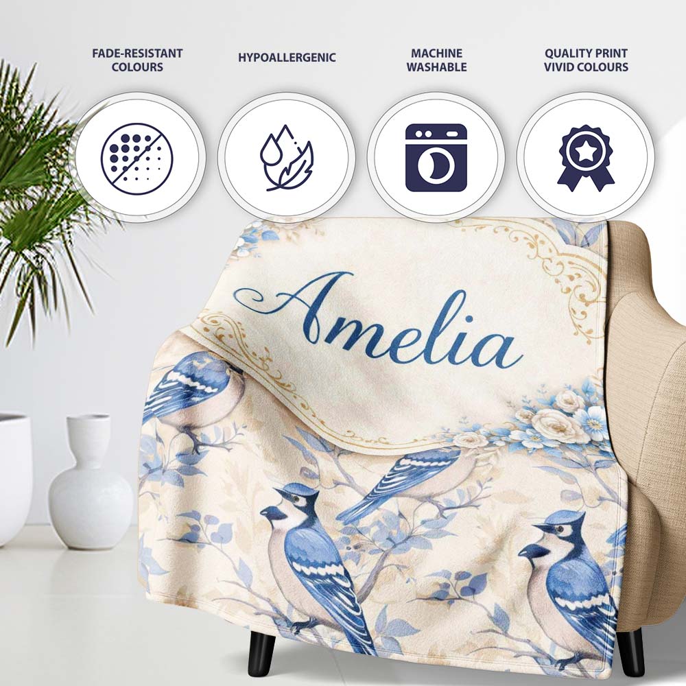 Vintage Blue Jay Bird Floral Toile Classic Botanical Nature Design  Personalised Custom Name Super Soft Fleece Blanket Bed Sofa Throw