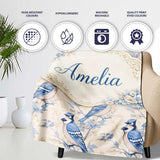 Vintage Blue Jay Bird Floral Toile Classic Botanical Nature Design  Personalised Custom Name Super Soft Fleece Blanket Bed Sofa Throw