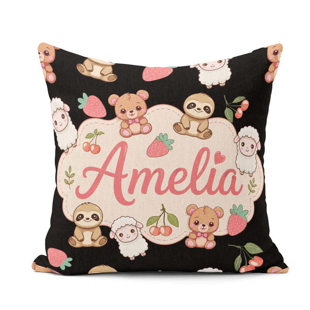 Custom Name Cute Cute Baby Animals Bear Sheep Sloth Cherry Black Square Filled Cushion Throw Pillow Sofa Bed Home Decor Zip Washable UK Made