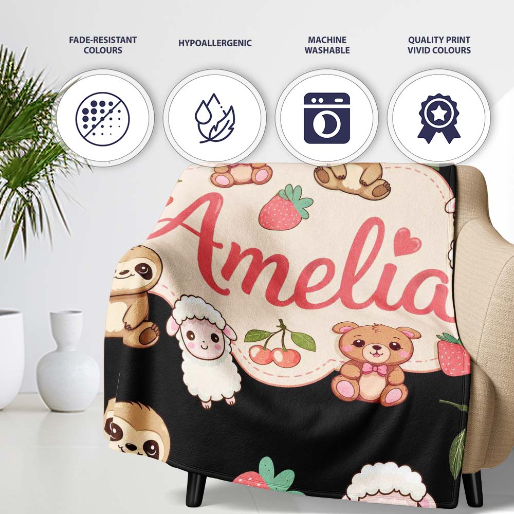 Cute Cute Baby Animals Bear Sheep Sloth Strawberry Cherry Black  Personalised Custom Name Super Soft Fleece Blanket Bed Sofa Throw