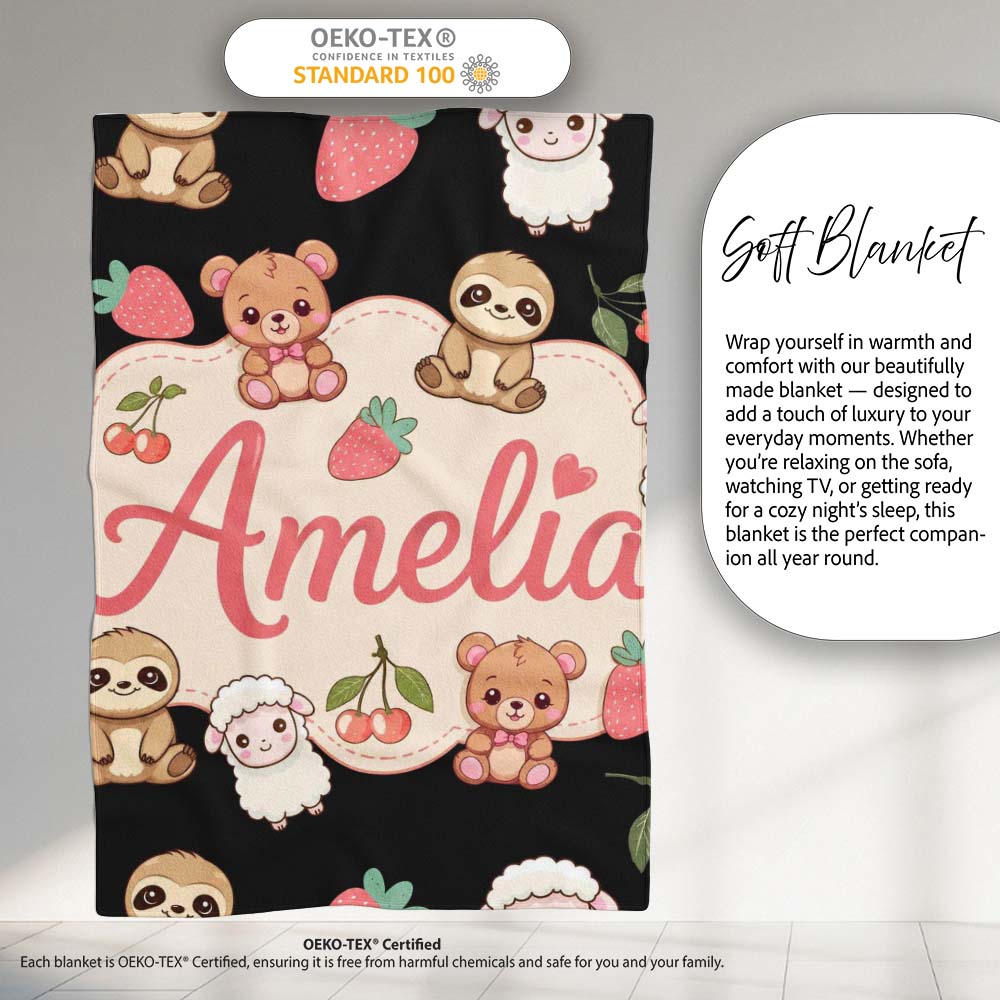 Cute Cute Baby Animals Bear Sheep Sloth Strawberry Cherry Black  Personalised Custom Name Super Soft Fleece Blanket Bed Sofa Throw