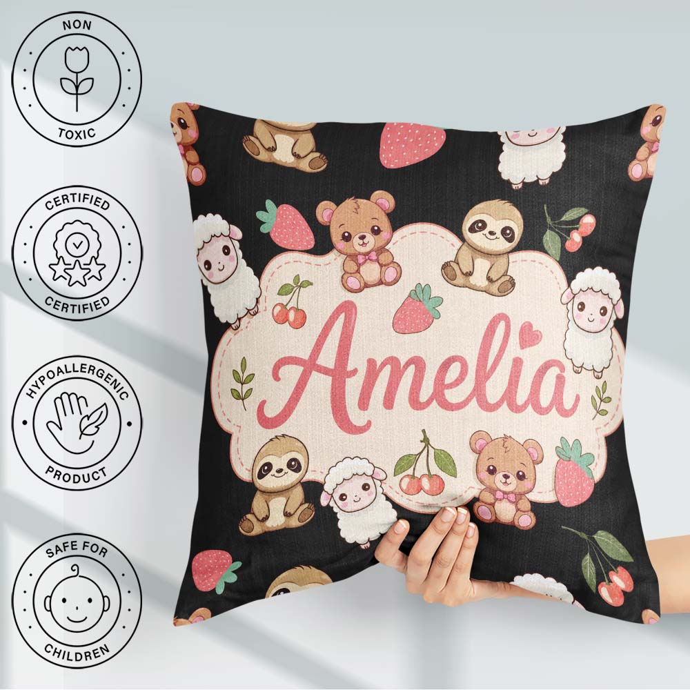 Custom Name Cute Cute Baby Animals Bear Sheep Sloth Cherry Black Square Filled Cushion Throw Pillow Sofa Bed Home Decor Zip Washable UK Made