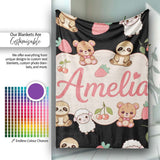 Cute Cute Baby Animals Bear Sheep Sloth Strawberry Cherry Black  Personalised Custom Name Super Soft Fleece Blanket Bed Sofa Throw