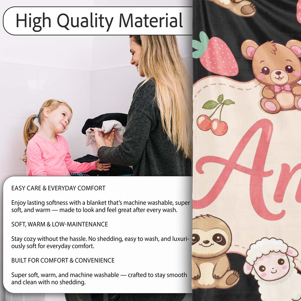 Cute Cute Baby Animals Bear Sheep Sloth Strawberry Cherry Black  Personalised Custom Name Super Soft Fleece Blanket Bed Sofa Throw