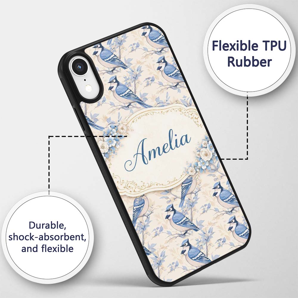 Vintage Blue Jay Bird Floral Toile Printed Design Custom Name Protective Phone Case Mobile Cover Durable Everyday Smartphone Shock Resistant