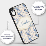 Vintage Blue Jay Bird Floral Toile Printed Design Custom Name Protective Phone Case Mobile Cover Durable Everyday Smartphone Shock Resistant