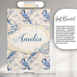 Vintage Blue Jay Bird Floral Toile Classic Botanical Nature Design  Personalised Custom Name Super Soft Fleece Blanket Bed Sofa Throw