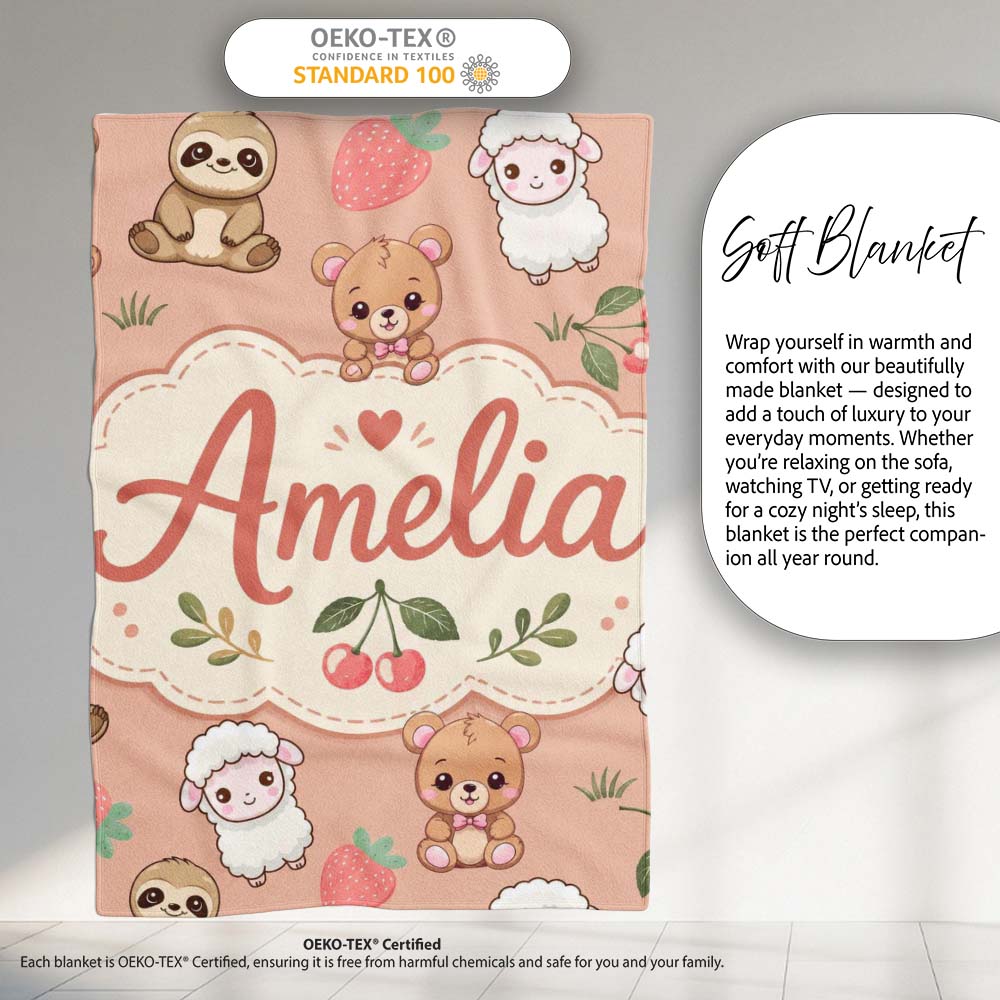 Cute Cute Baby Animals Bear Sheep Sloth Strawberry Cherry Peach  Personalised Custom Name Super Soft Fleece Blanket Bed Sofa Throw