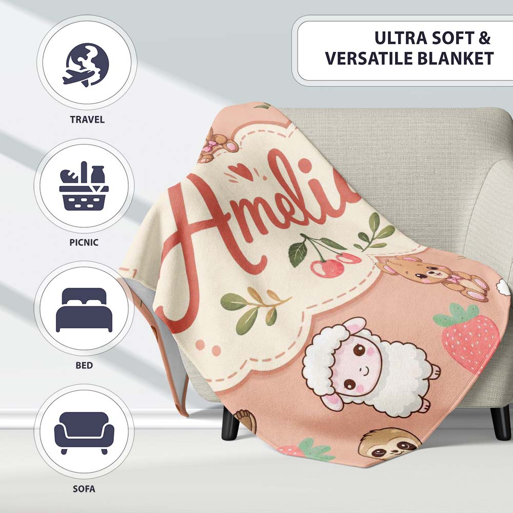 Cute Cute Baby Animals Bear Sheep Sloth Strawberry Cherry Peach  Personalised Custom Name Super Soft Fleece Blanket Bed Sofa Throw