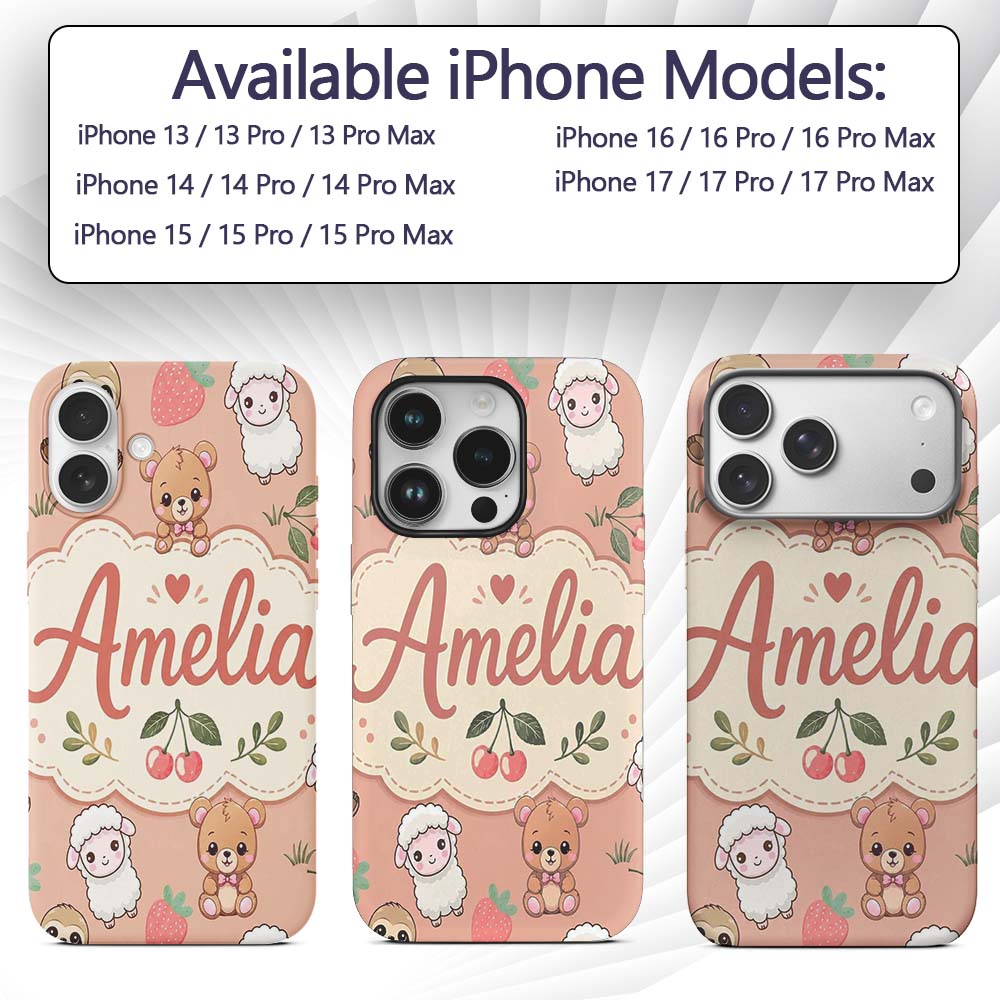 Cute Baby Animals Bear Sheep Sloth Strawberry Custom Name Protective Phone Case Mobile Cover Durable Everyday Smartphone Shock Resistant