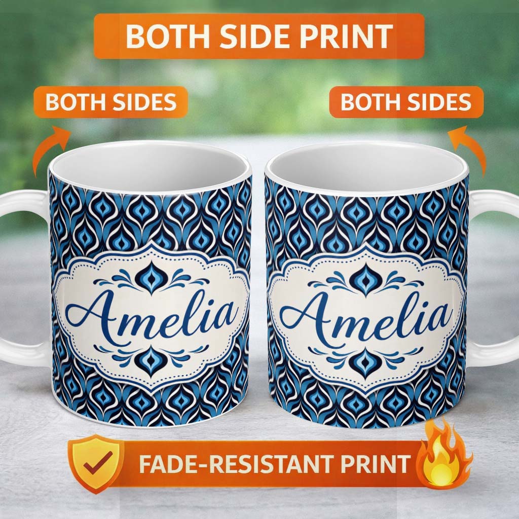 Personalized Custom Name Blue Geometric Wave Abstract Seamless Pattern Design Lovely 11oz Ceramic Coffee Tea Mug White Large Handle
