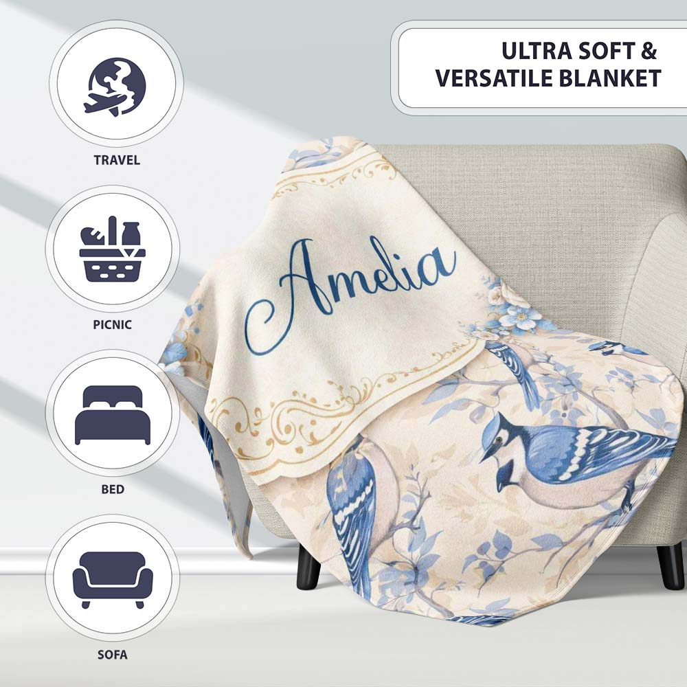 Vintage Blue Jay Bird Floral Toile Classic Botanical Nature Design  Personalised Custom Name Super Soft Fleece Blanket Bed Sofa Throw