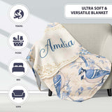 Vintage Blue Jay Bird Floral Toile Classic Botanical Nature Design  Personalised Custom Name Super Soft Fleece Blanket Bed Sofa Throw