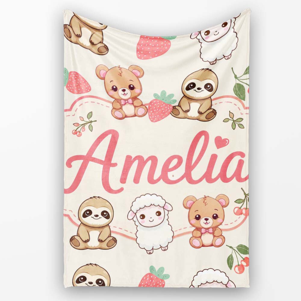 Cute Cute Baby Animals Bear Sheep Sloth Strawberry Cherry Cream  Personalised Custom Name Super Soft Fleece Blanket Bed Sofa Throw