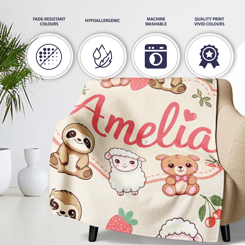 Cute Cute Baby Animals Bear Sheep Sloth Strawberry Cherry Cream  Personalised Custom Name Super Soft Fleece Blanket Bed Sofa Throw