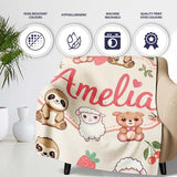 Cute Cute Baby Animals Bear Sheep Sloth Strawberry Cherry Cream  Personalised Custom Name Super Soft Fleece Blanket Bed Sofa Throw