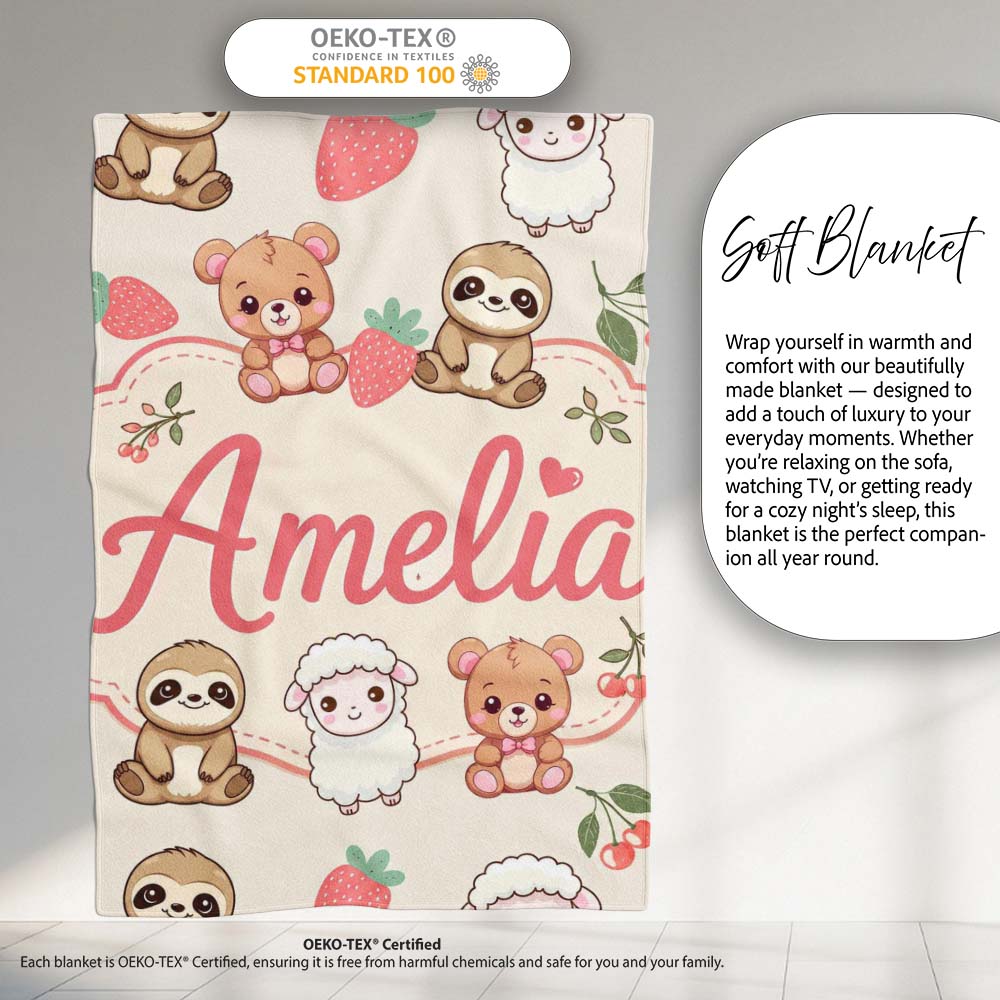 Cute Cute Baby Animals Bear Sheep Sloth Strawberry Cherry Cream  Personalised Custom Name Super Soft Fleece Blanket Bed Sofa Throw