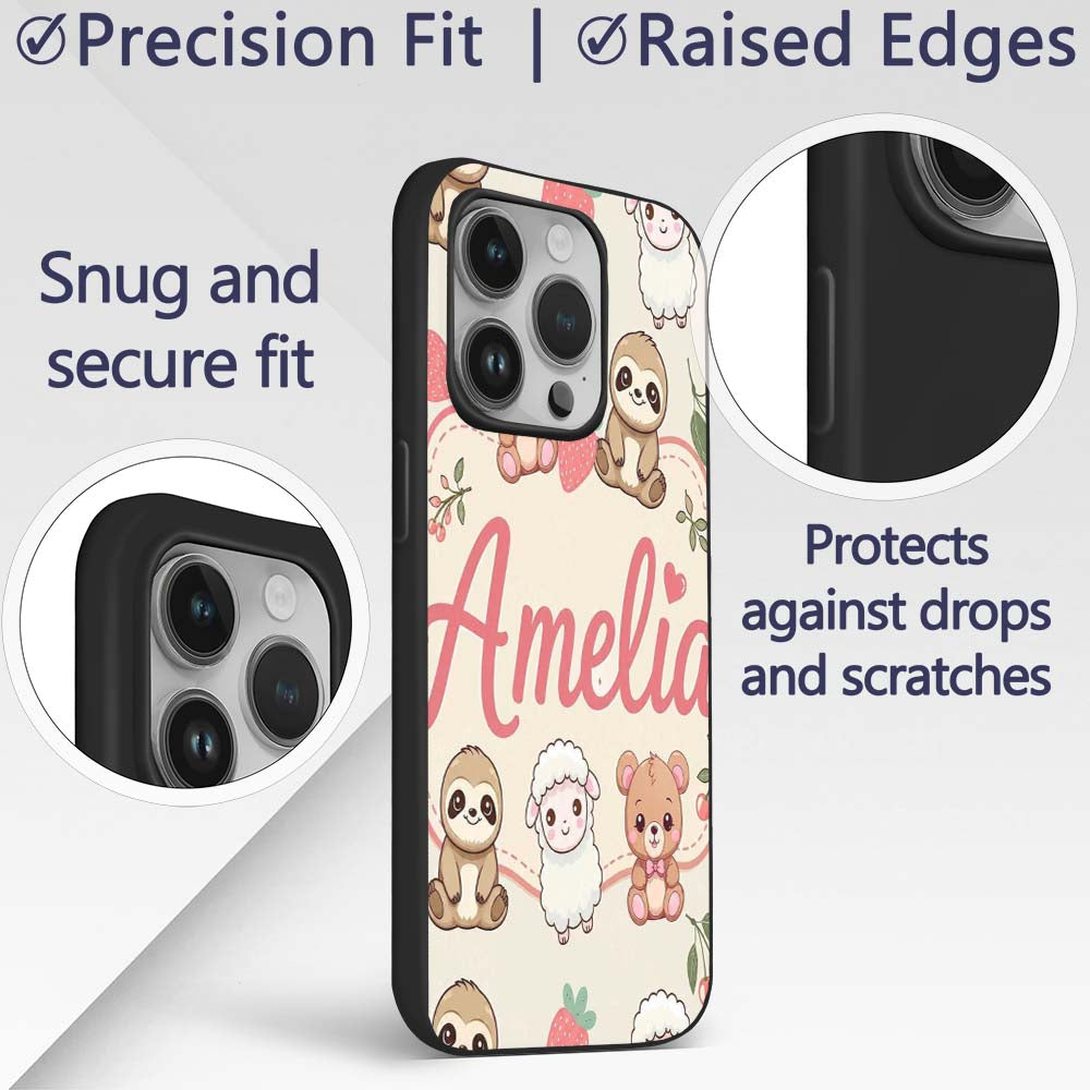 Cute Baby Animals Bear Sheep Sloth Strawberry Custom Name Protective Phone Case Mobile Cover Durable Everyday Smartphone Shock Resistant
