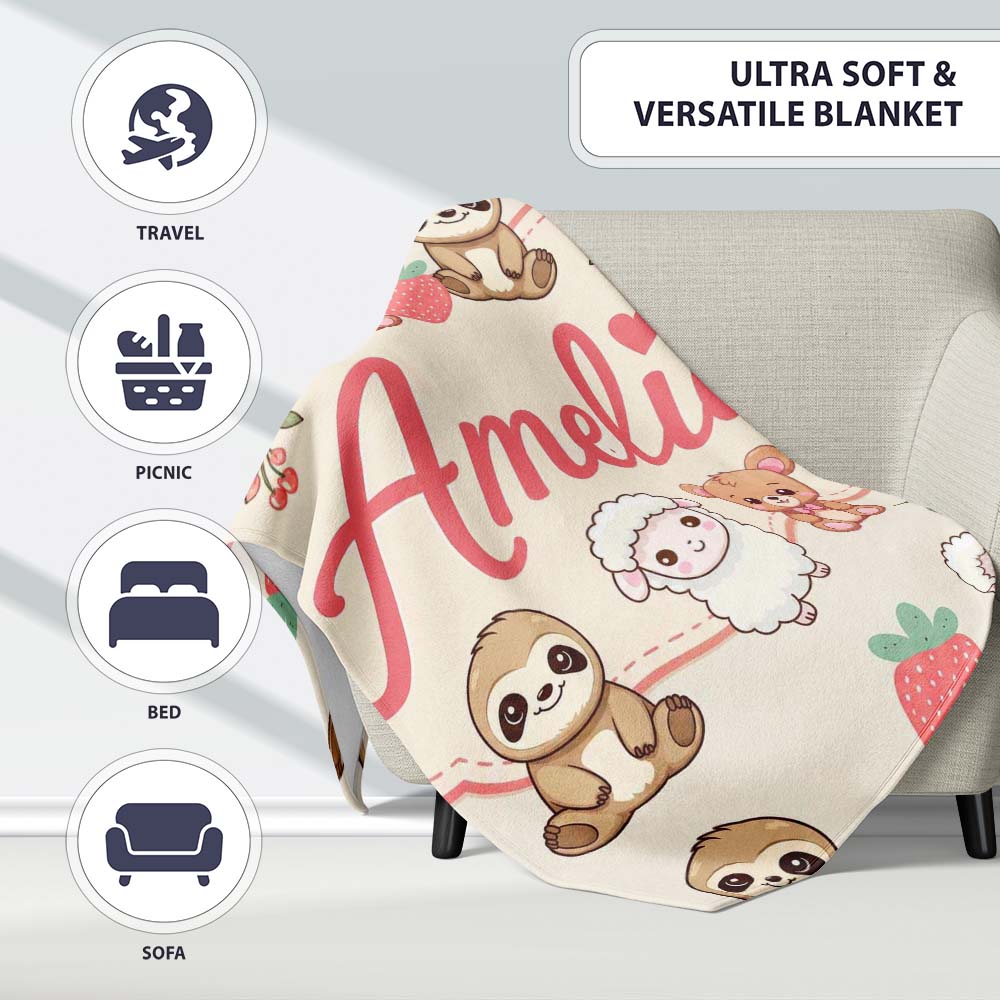 Cute Cute Baby Animals Bear Sheep Sloth Strawberry Cherry Cream  Personalised Custom Name Super Soft Fleece Blanket Bed Sofa Throw