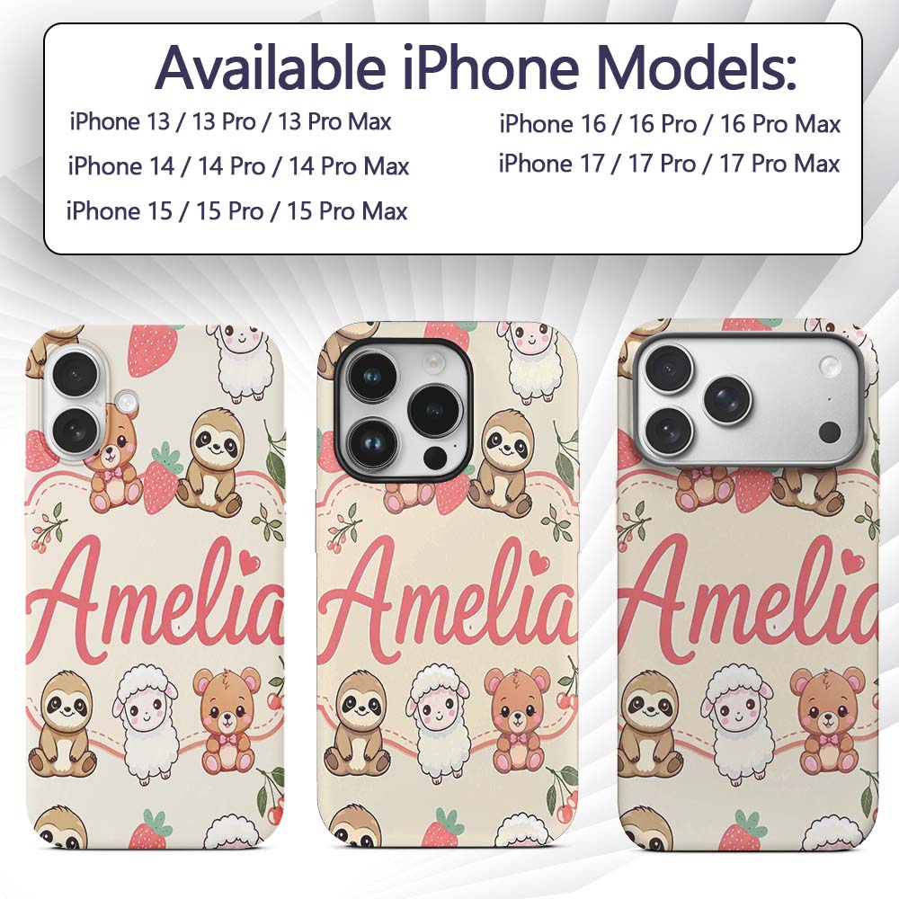 Cute Baby Animals Bear Sheep Sloth Strawberry Custom Name Protective Phone Case Mobile Cover Durable Everyday Smartphone Shock Resistant