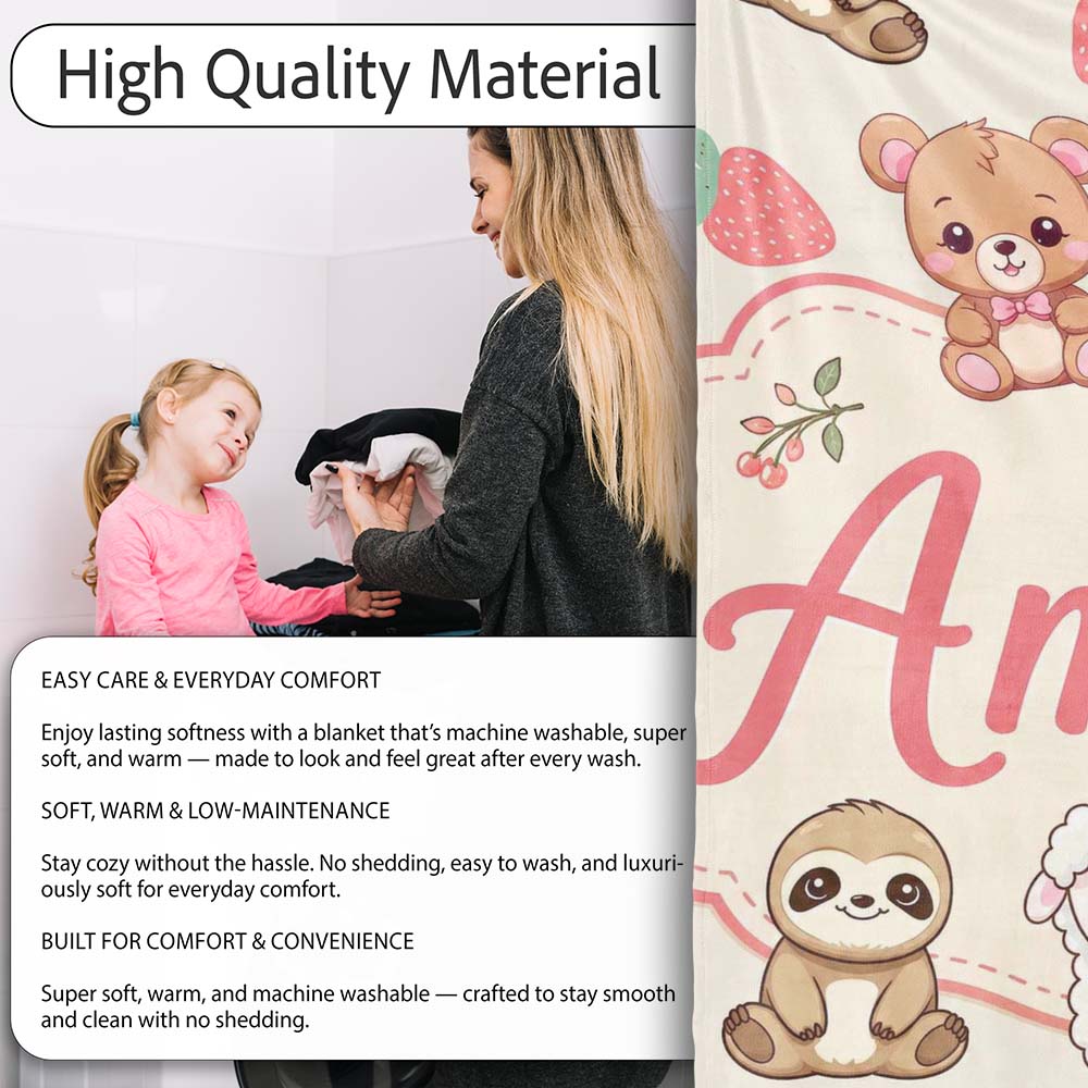 Cute Cute Baby Animals Bear Sheep Sloth Strawberry Cherry Cream  Personalised Custom Name Super Soft Fleece Blanket Bed Sofa Throw